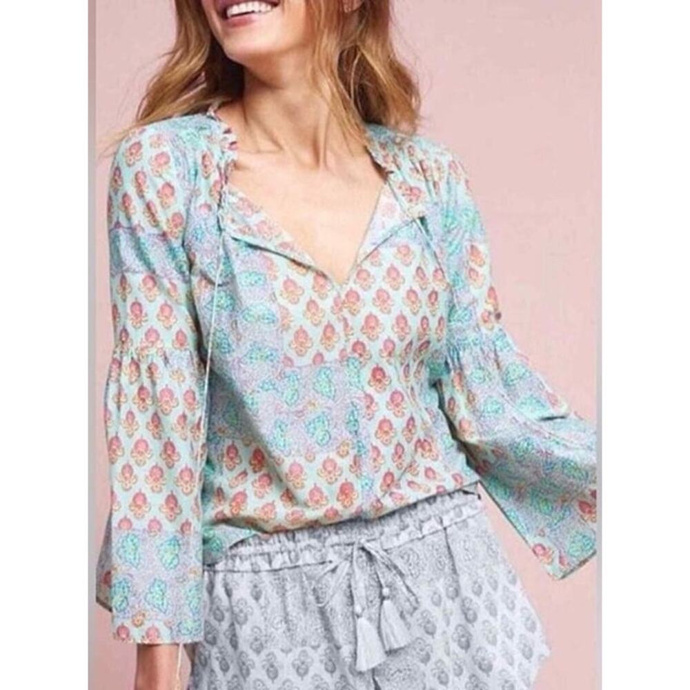 Anthropologie Lilka Sweetest Dream Flowing Pure Cotton Bell Sleeve Tassel Blouse